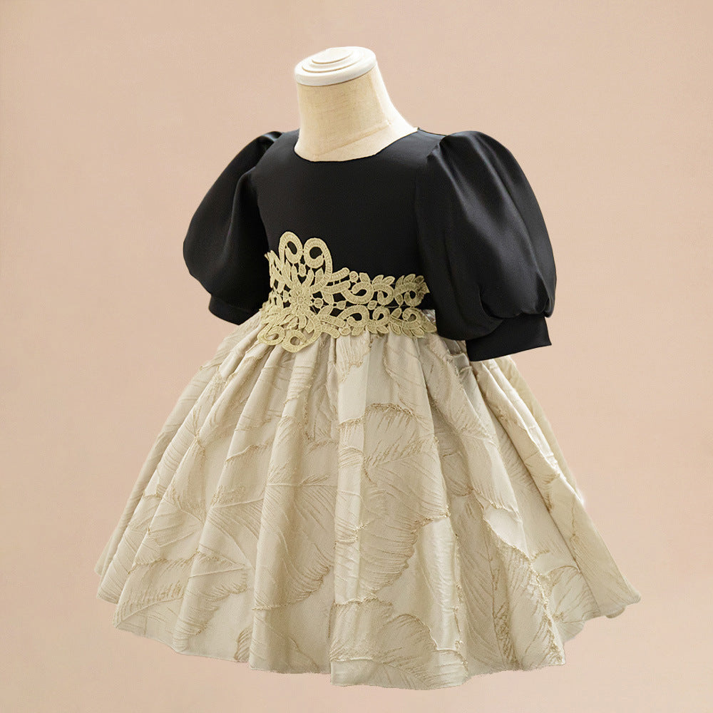 Foreign trade infant and toddler dress court satin cloth back bow princess dress lantern sleeve embroidered waist dress