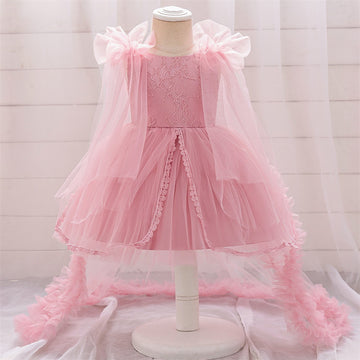 Girls Dress Dress Evening Dress Trailing Dress Children's Year Old Mesh Sleeve Princess Dress Fluffy Cake Dress