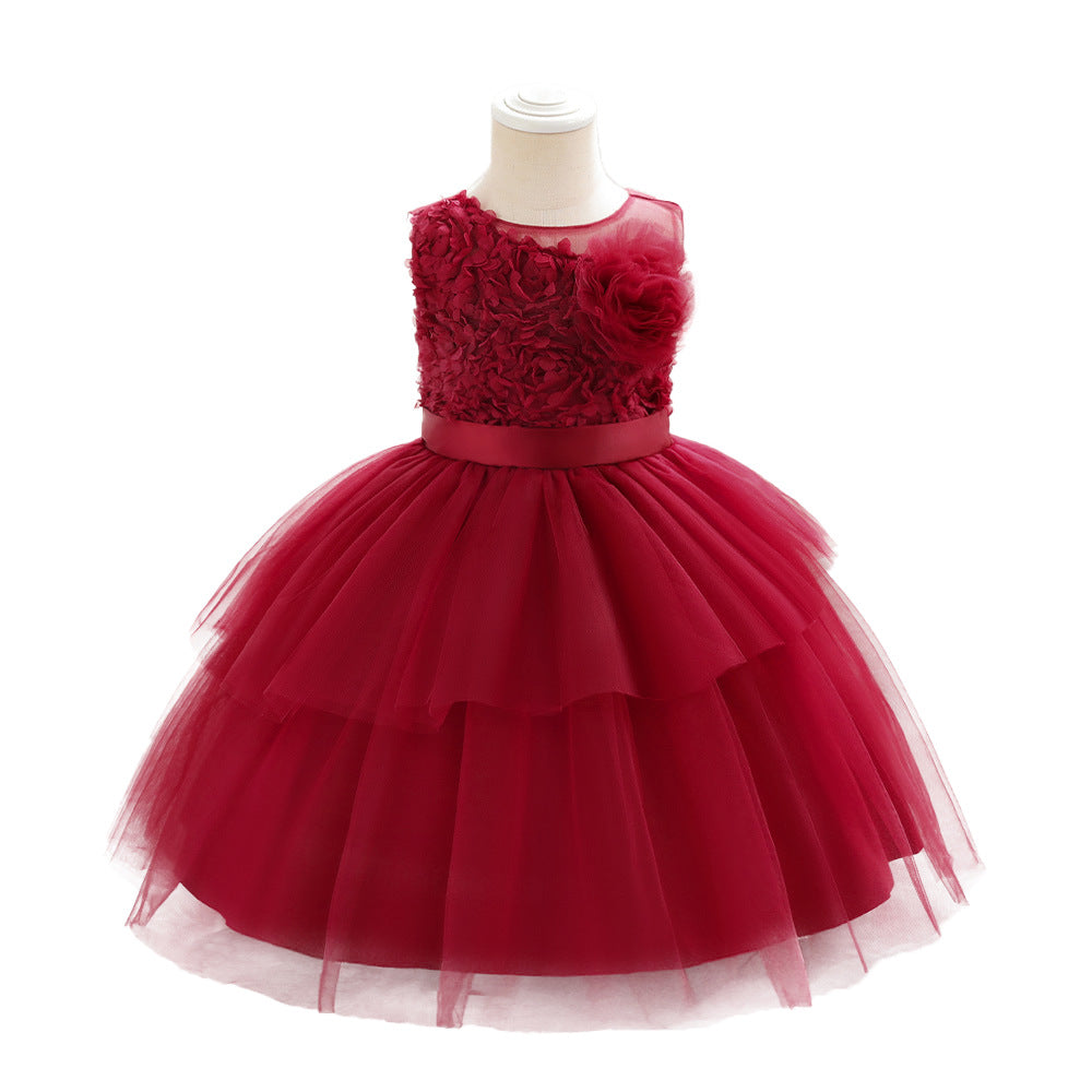European and American baby full moon one-year-old banquet dress sleeveless three-dimensional flower dress waist cake skirt mesh skirt