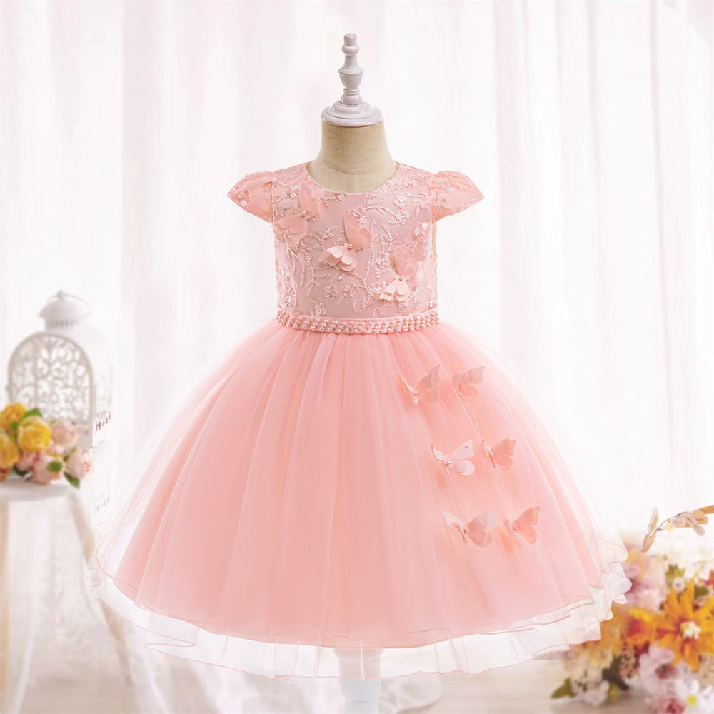 European and American cross-border new children's dresses, three-dimensional butterfly embroidered nail bead mesh dresses, wedding children's princess dresses