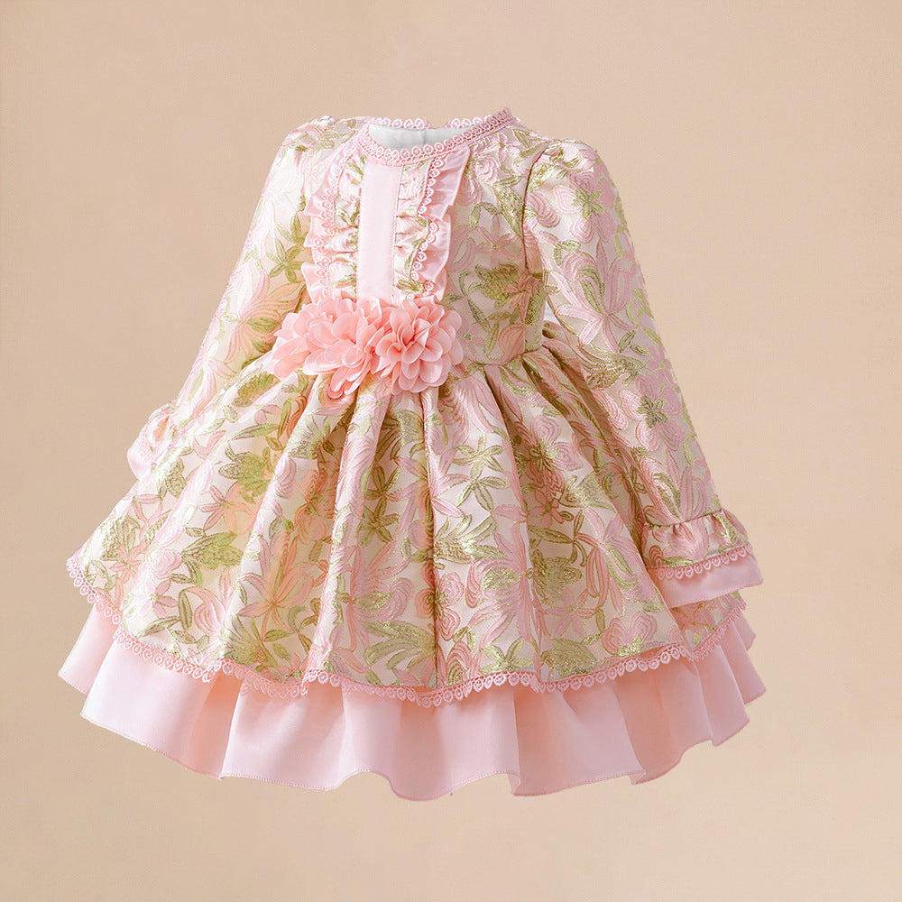 Foreign order new infant dress long-sleeved printed three-dimensional flower girls fluffy Lolita princess dress spot