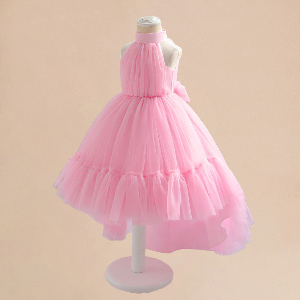 Amazon's new medium and small children's dress princess dress pink neck mesh trailing skirt bow puffy dovetail skirt