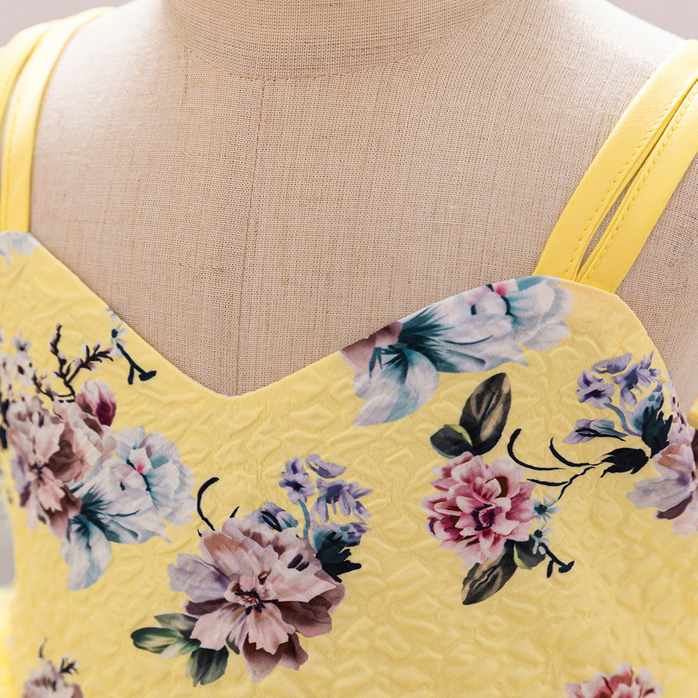 Baby's first birthday banquet dress printing suspender splicing mesh fluffy princess dress wedding flower girl dress dress dress