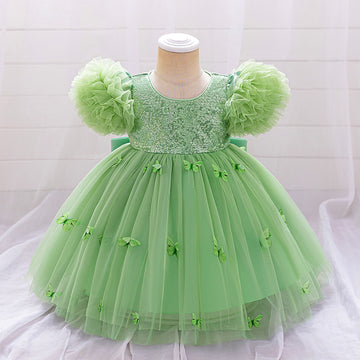 Cross-border infant dress princess dress one-year-old baby 100-day banquet dress butterfly bubble sleeve wedding dress