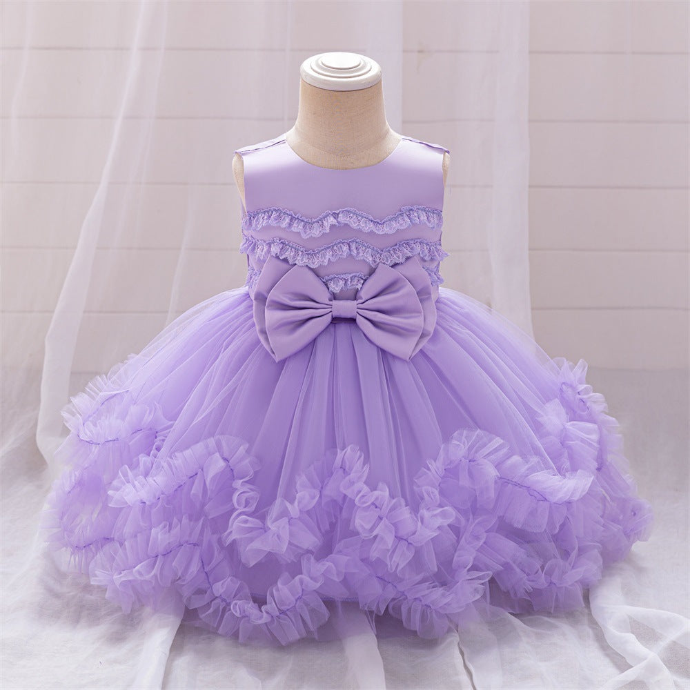 2025 new children's first-year dress tutu skirt lace lace princess dress white spot child rengow