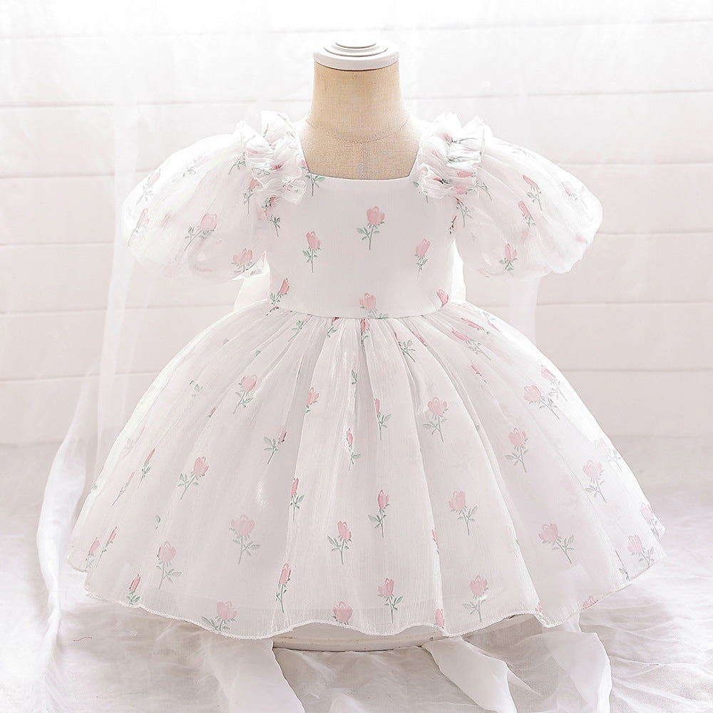 New girls' dress princess dress baby's first birthday party washing dress floral bow girls dress