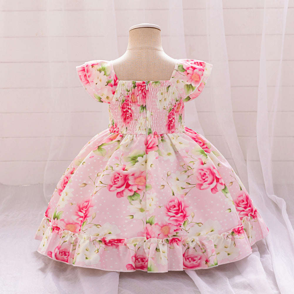 2024 Cross-border New Girls' Princess Dress Printed Satin Fabric Xiaofei Sleeve Dress One-year Dress Folded Fluffy Dress