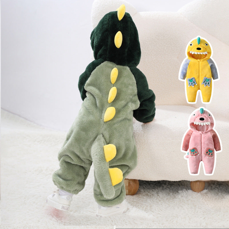 Qile Rabbit Spring and Autumn New Infant and Toddler Baby onesie Cute style contrasting color pocket dinosaur single-layer styling clothes