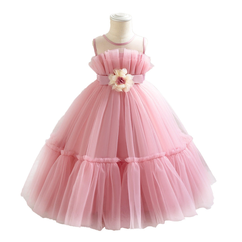 Amazon's new medium and small children's dress wedding season flower girl dress small flower pleated mesh fluffy princess dress