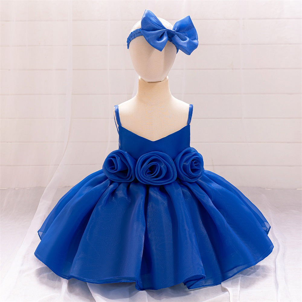 Foreign trade new infant princess dress baby first birthday banquet dress three-dimensional corsage suspender dress