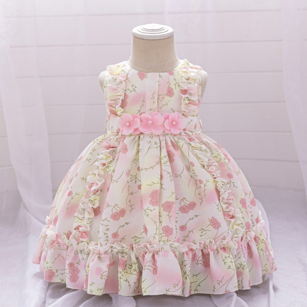 Amazon's new baby dress, baby's first birthday and full moon birthday wash dress, printed flower girl princess dress