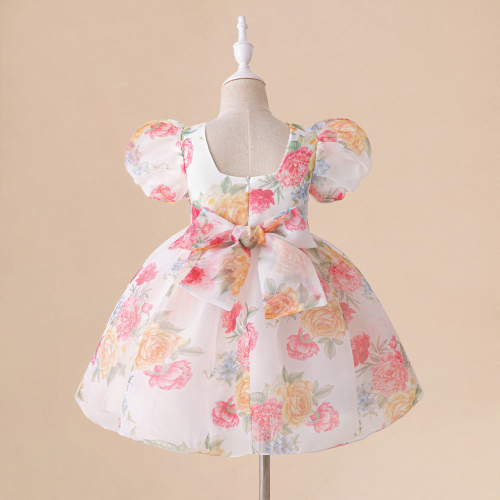 Europe and the United States new infant dress glass yarn printing bubble sleeve princess dress baby first birthday wash dress