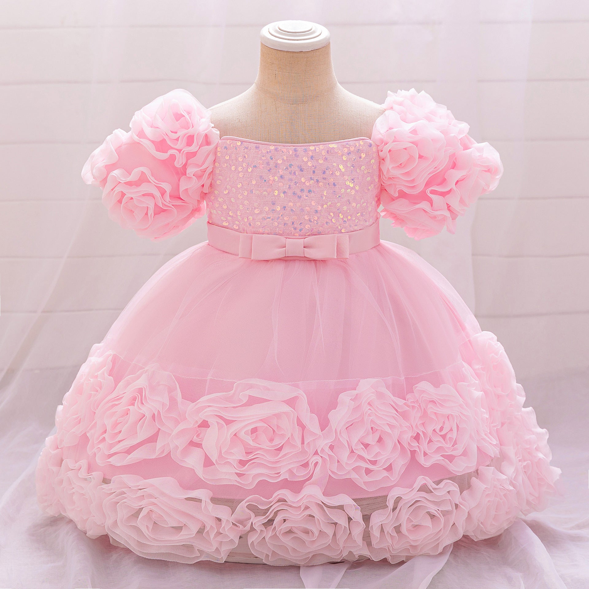 Amazon's new baby dress bead bubble sleeve princess dress three-dimensional applique mesh puffy dress