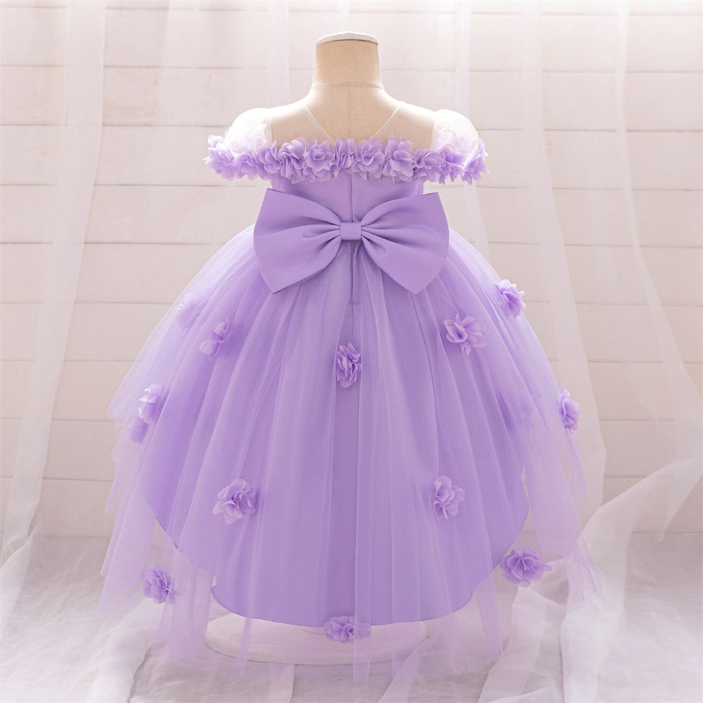 Amazon's new medium and small children's dress one-word shoulder three-dimensional flower bow trailing skirt wedding flower girl princess skirt