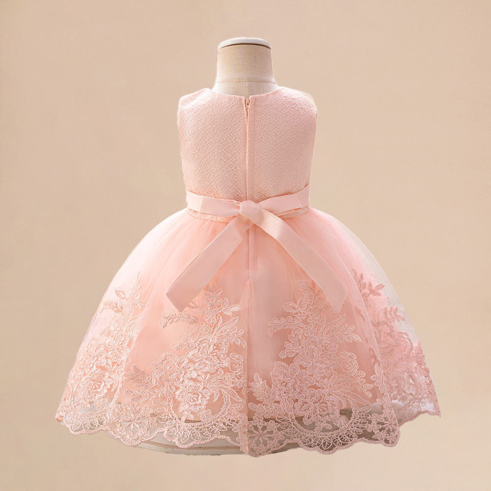 Amazon's new infant and toddler baby first birthday party will wash the dress, embroidery waist three-dimensional flower children's dress