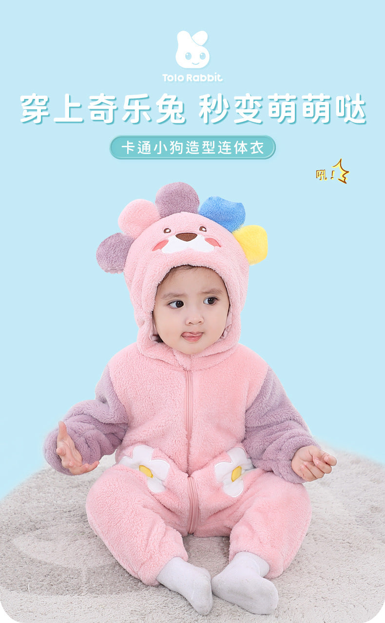 Qile Rabbit autumn new 0-3 year old baby going out clothes cute little flower embroidered single-layer double-sided velvet onesie