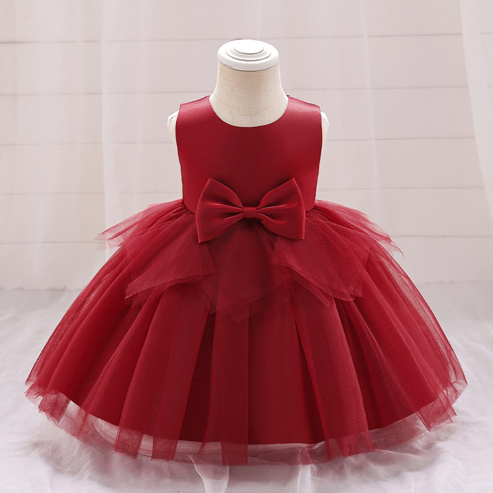 Children's princess dress Amazon baby dress sleeveless satin bow flower girl performance dress mesh skirt
