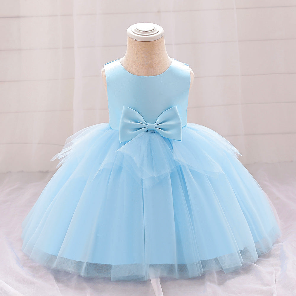 Children's princess dress Amazon baby dress sleeveless satin bow flower girl performance dress mesh skirt