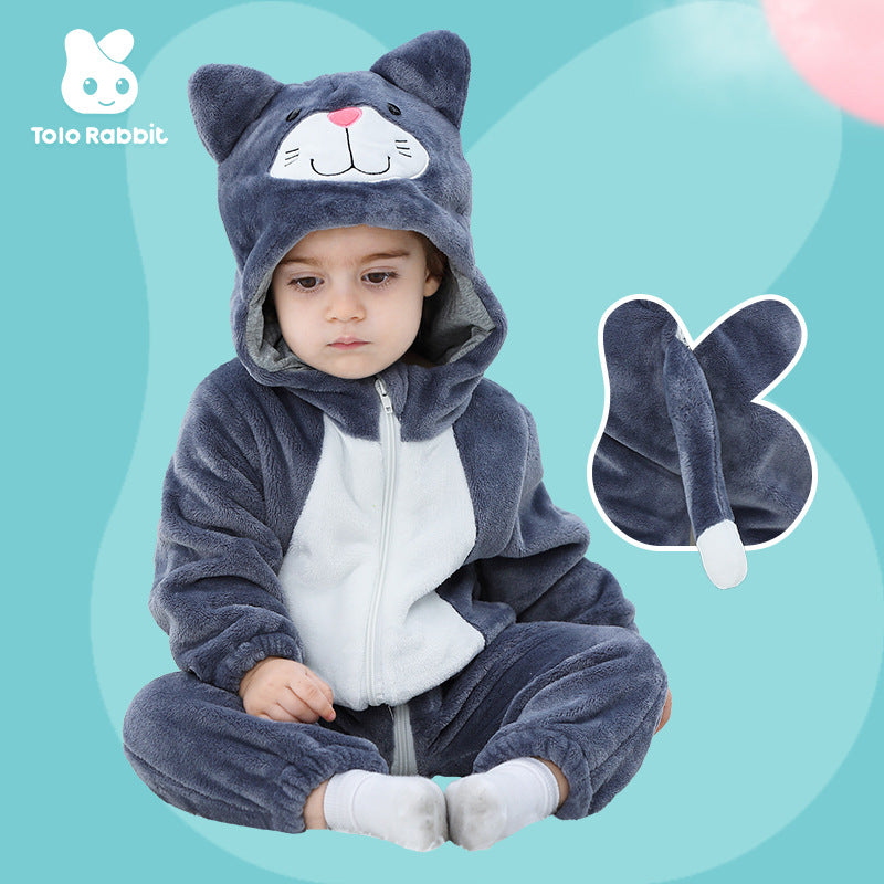 Spring and Autumn Comfortable Flannel Thin Infant and Toddler One-piece Romper Tea Rice Cat Shape Romper Qile Rabbit