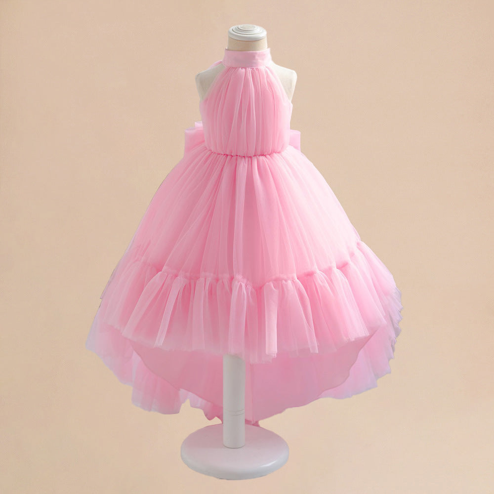 Amazon's new medium and small children's dress princess dress pink neck mesh trailing skirt bow puffy dovetail skirt
