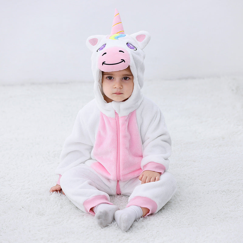 Autumn new 0-3 year old baby flannel single-layer styling Romper Unicorn styling hooded one-piece Romper