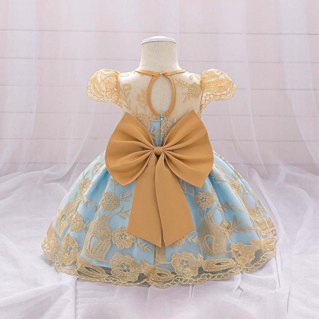 Amazon children's dress back bow gold silk embroidery middle and old children's host catwalk children's dress skirt