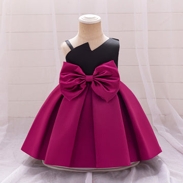 Cross-border new one-year-old dress skirt bow dress slanted shoulder dress baby dress catwalk princess dress