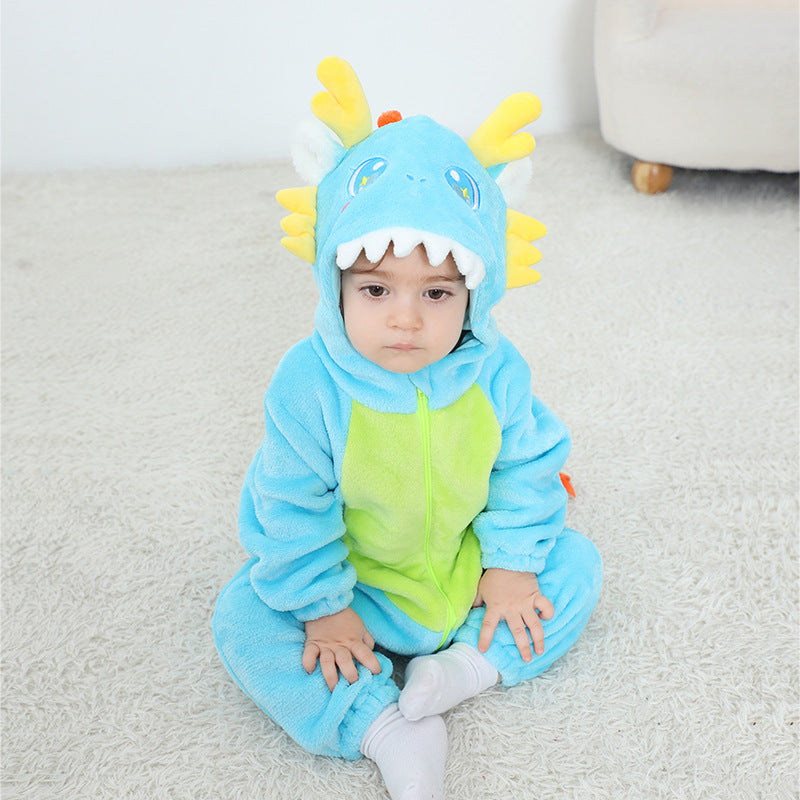 Qile Rabbit autumn new baby single-layer flannel cartoon dinosaur shape hooded one-piece Romper