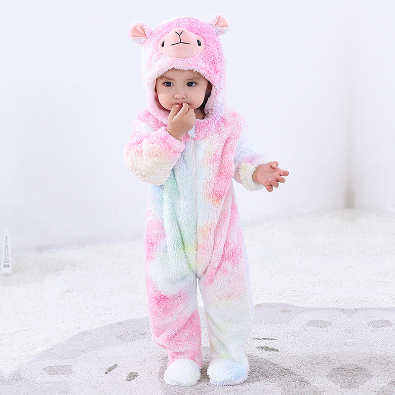 Qile Rabbit new rainbow gradual change baby onesie alpaca hooded plush climbing clothes infant cute out clothes