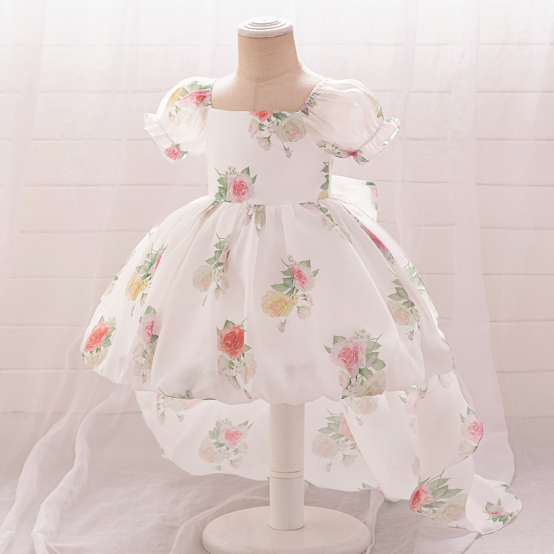Girls dress skirt floral print bubble sleeves trailing fairy sweet little flower children's wedding dress children's princess dress