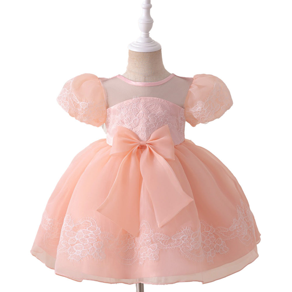 Amazon Children's Dress Baby Birthday One Year Banquet Embroidered Mesh Bubble Sleeve Bow Fluffy Princess Dress