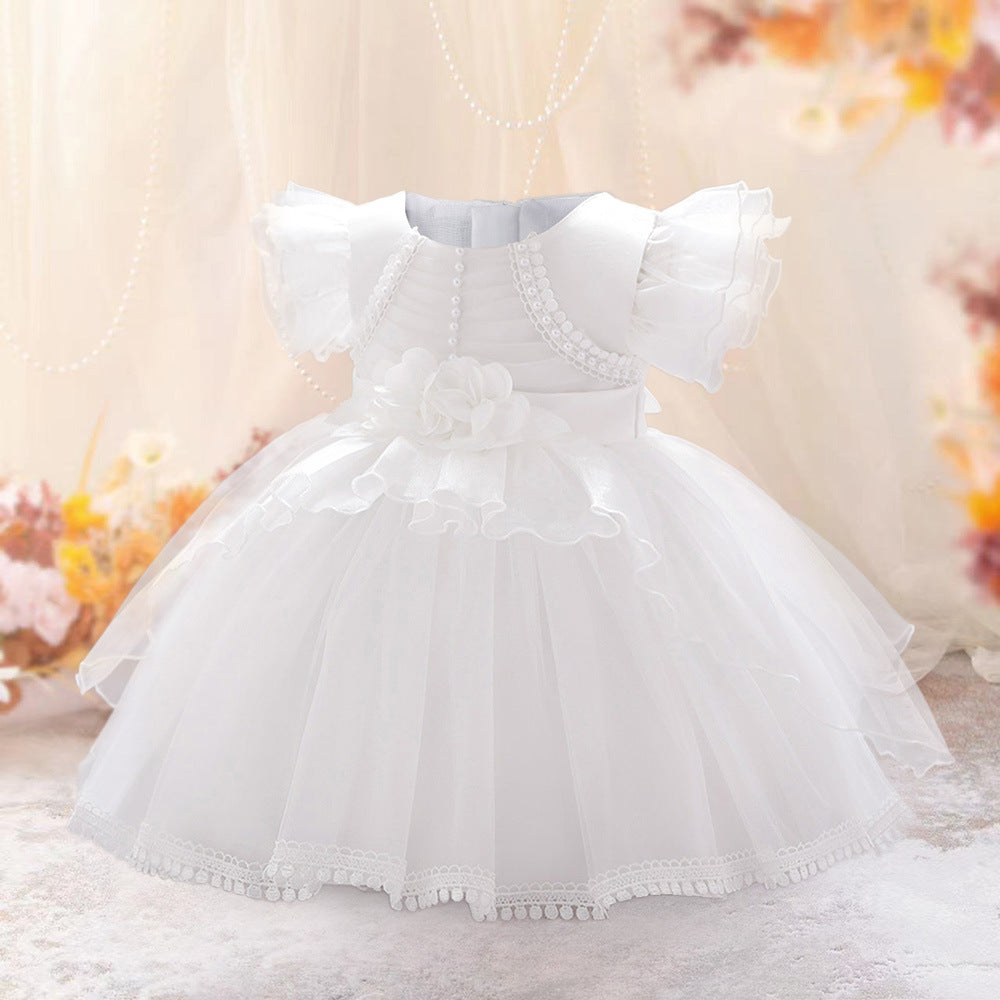 Amazon outer order infant dress princess dress small flying sleeve bead applique tutu wedding flower girl dress