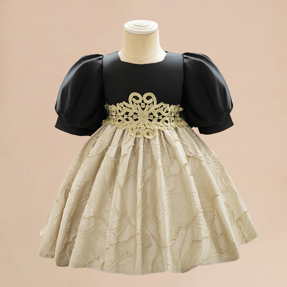 Foreign trade infant and toddler dress court satin cloth back bow princess dress lantern sleeve embroidered waist dress