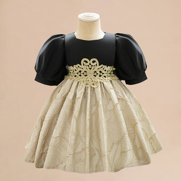 Foreign trade infant and toddler dress court satin cloth back bow princess dress lantern sleeve embroidered waist dress