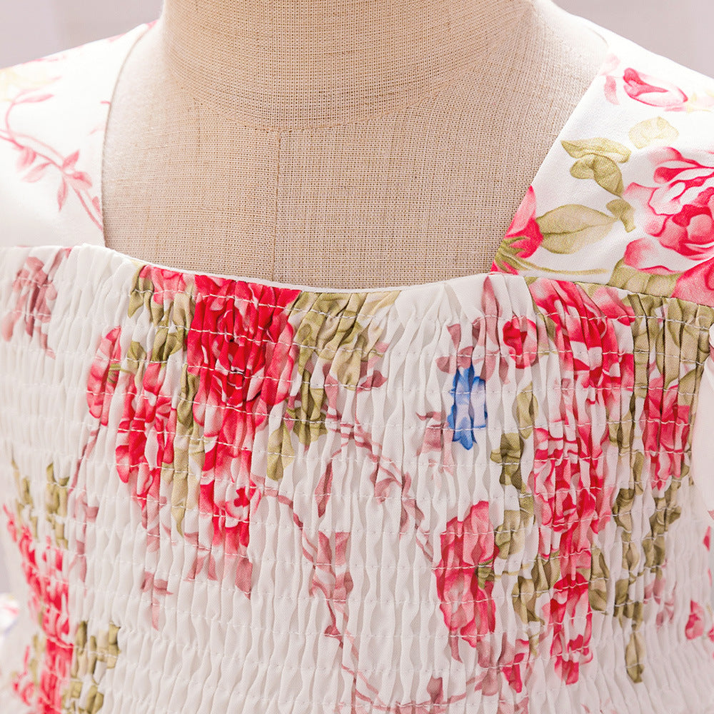 2024 European and American new girls' dress princess dress bubble sleeve floral printing dress baby year-old dress dress