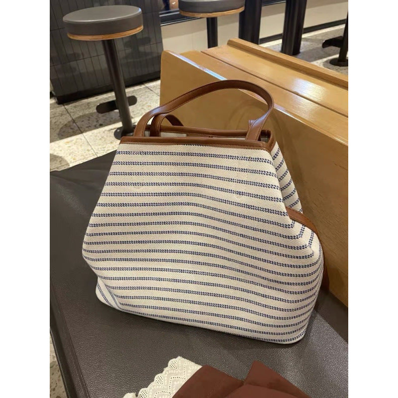 2025 new Korean niche fashion commuter versatile canvas bag, high-end lazy large-capacity striped tote bag