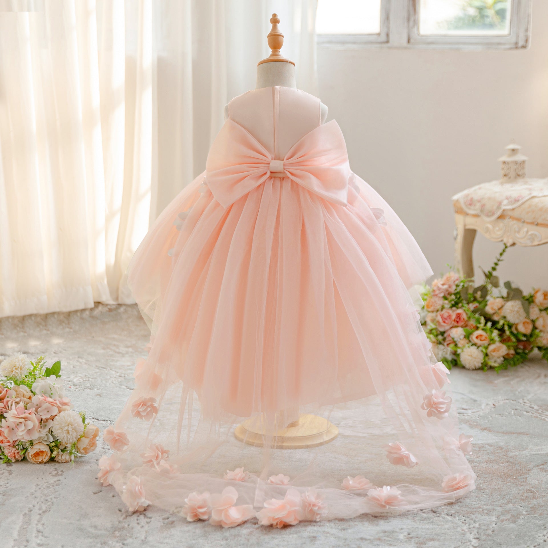 High-end custom Amazon new girls dress three-dimensional flower trailing dress tutu skirt mesh princess dress