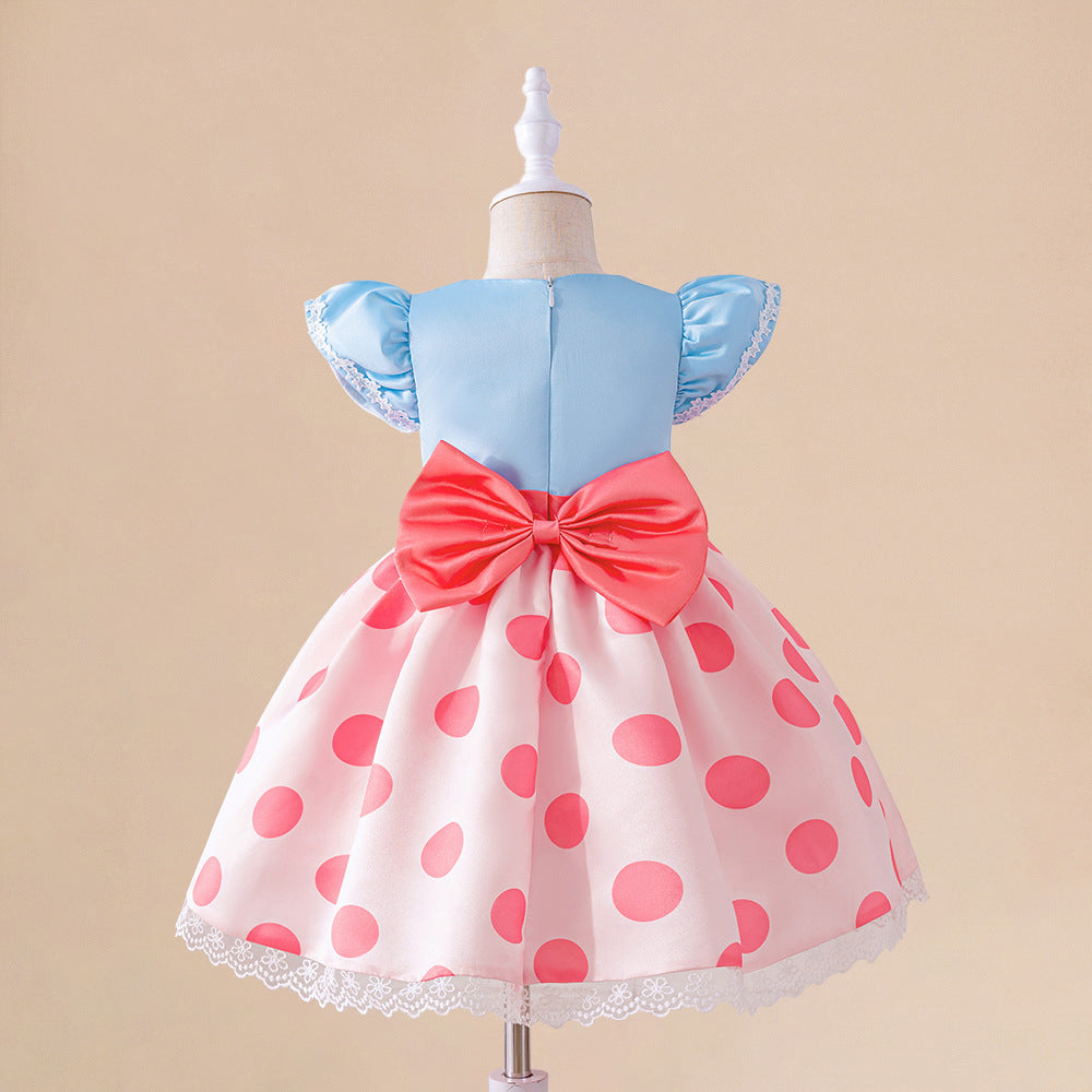 European and American new children's dresses, sweet small flying sleeves, lace splicing polka dots, fluffy children's birthday party princess dresses