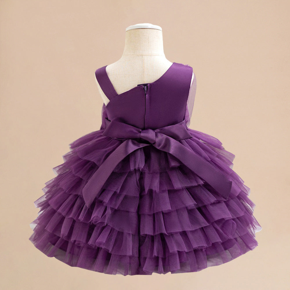 Baby's first year wash dress slanted shoulder suspender big bow baby dress pleated mesh cake fluffy princess dress