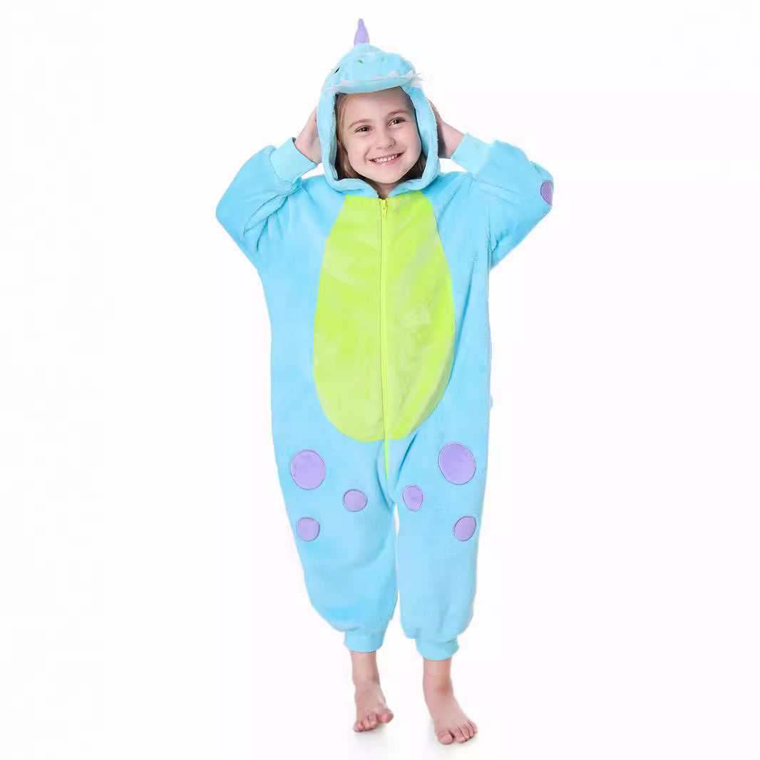 Autumn new children's cartoon styling clothes flannel single-layer polka dot dinosaur spring and autumn styling onesie