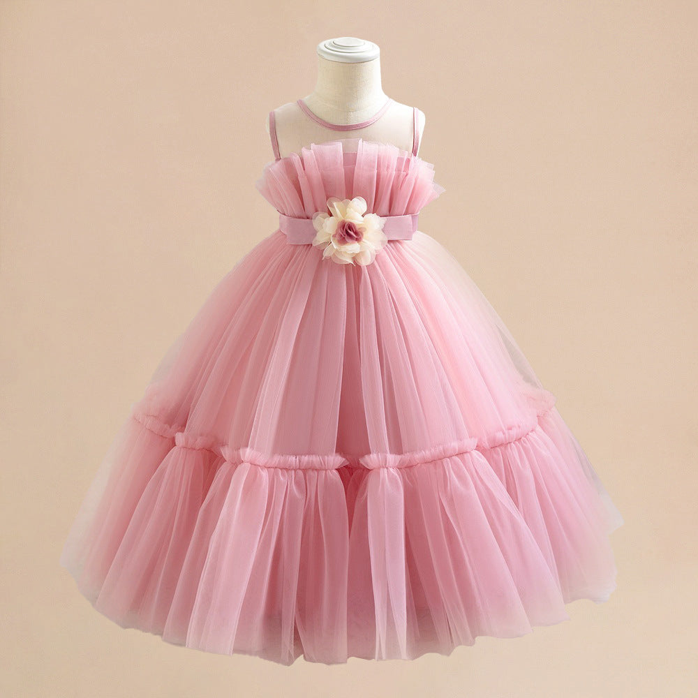 Amazon's new medium and small children's dress wedding season flower girl dress small flower pleated mesh fluffy princess dress