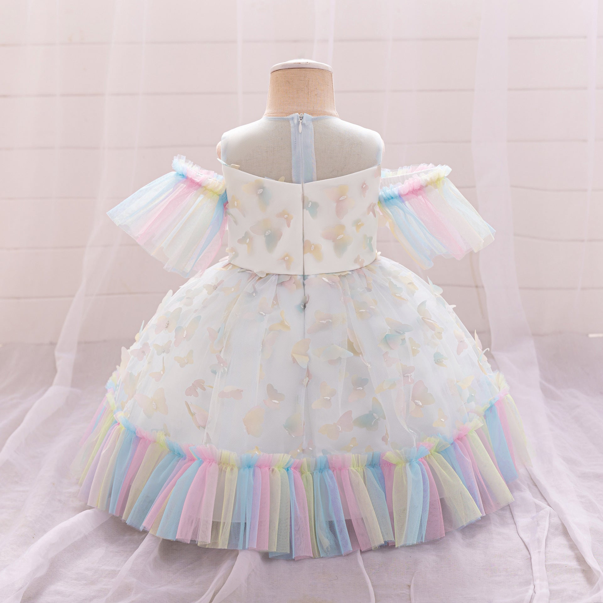 New children's dress girls' first-year dress cross-border princess dress hollow butterfly satin mesh fluffy long skirt