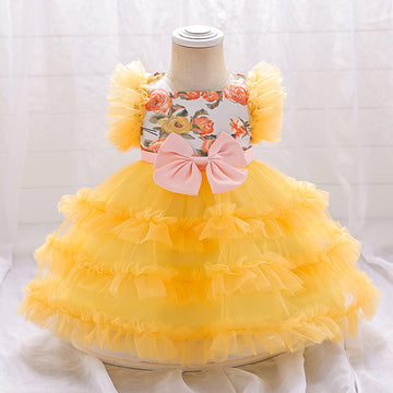 Amazon's new baby one-year-old dress infant princess dress printed mesh pleated puff wash dress spot