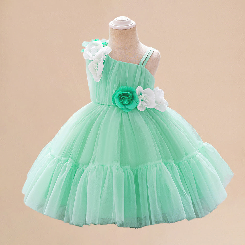 Amazon's new children's dress slanted shoulder three-dimensional flower mesh one-year-old dress baby hundred-day birthday dress