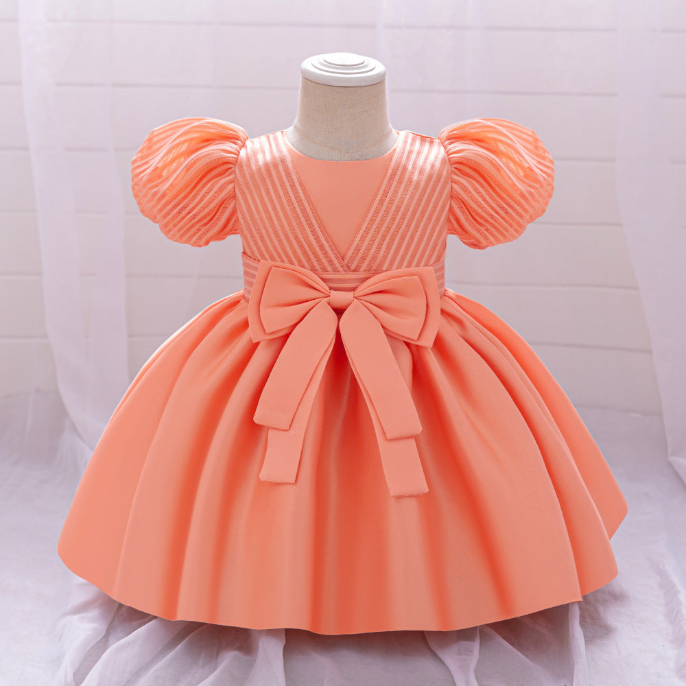 New infant and child first year dress baby girl birthday party wash dress satin bow dress spot
