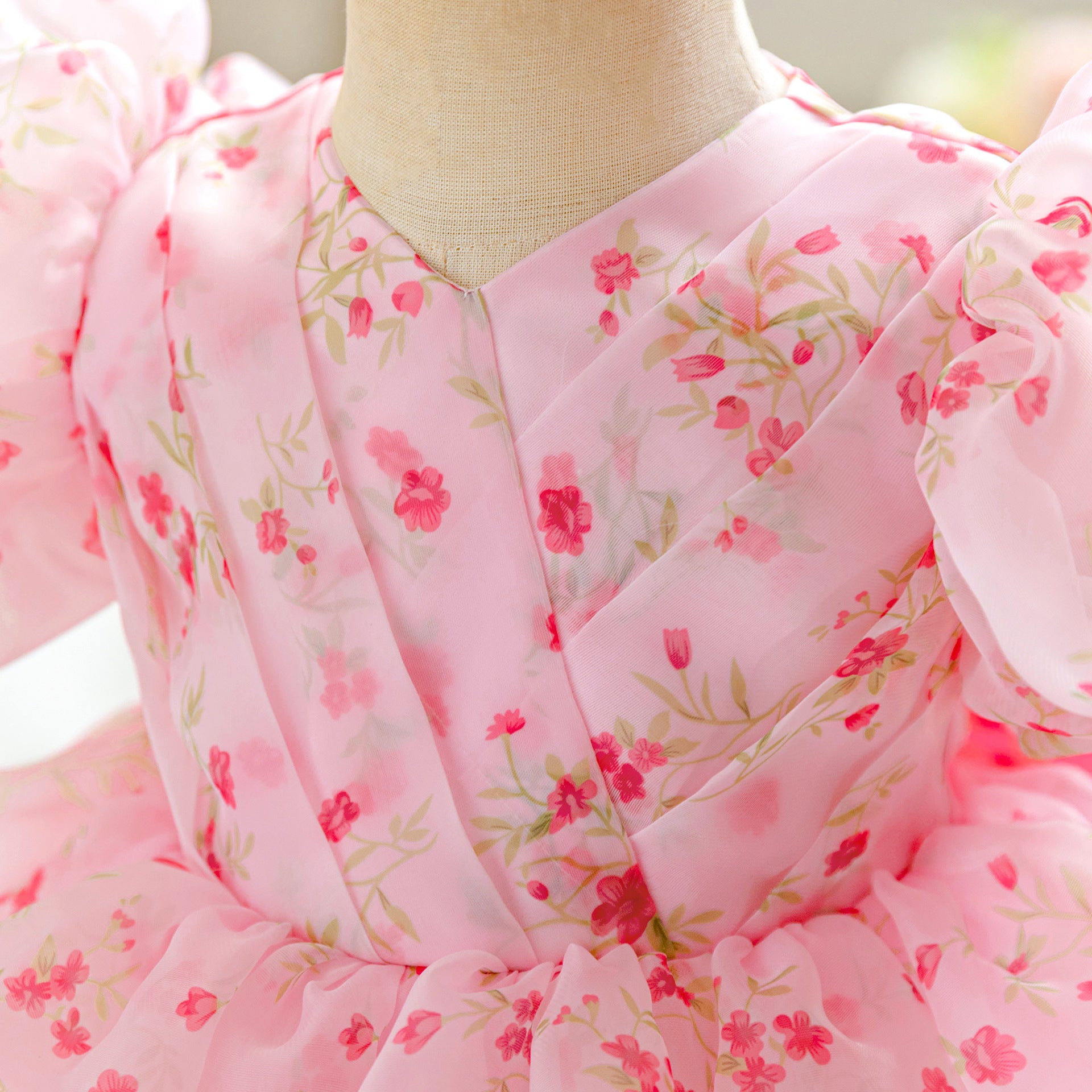 Amazon children's dress girls fluffy floral dress back bow sweet cute bubble sleeve princess dress