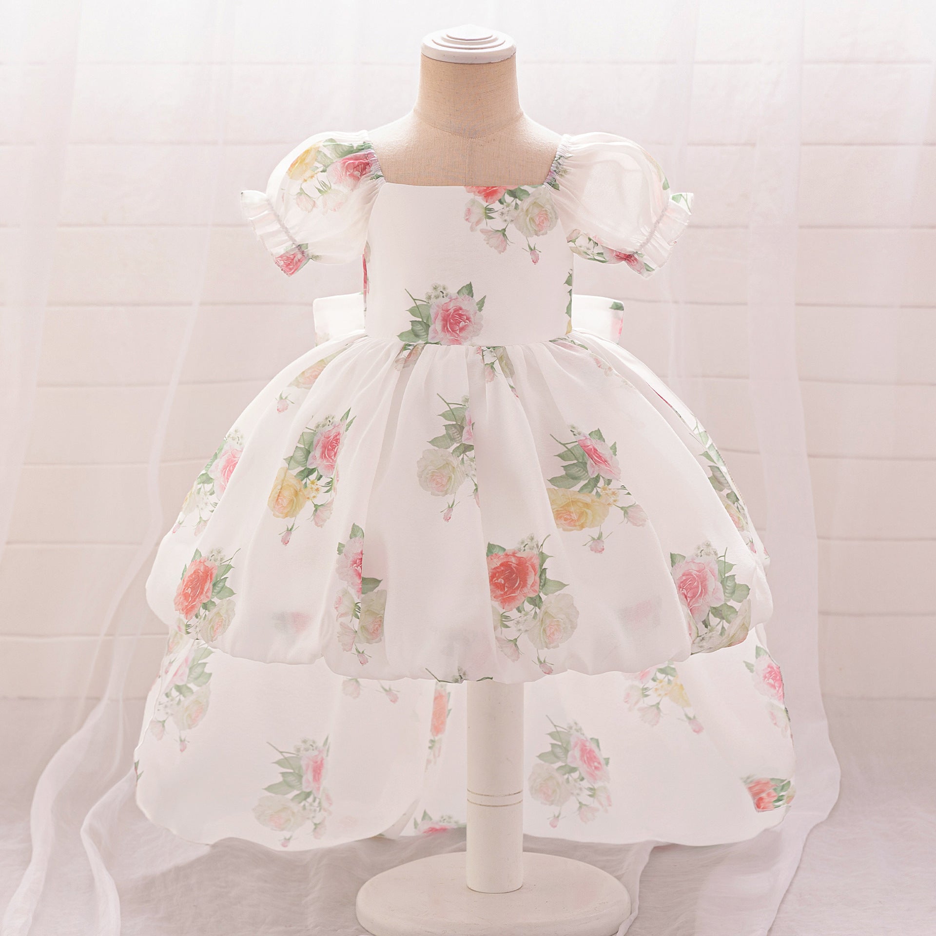 Girls dress skirt floral print bubble sleeves trailing fairy sweet little flower children's wedding dress children's princess dress
