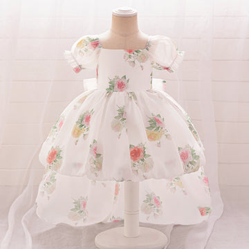 Girls dress skirt floral print bubble sleeves trailing fairy sweet little flower children's wedding dress children's princess dress