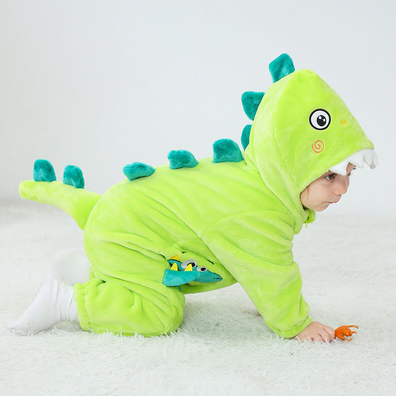 Qile Rabbit autumn new baby comfortable flannel single-layer cute little dinosaur shape one-piece Romper