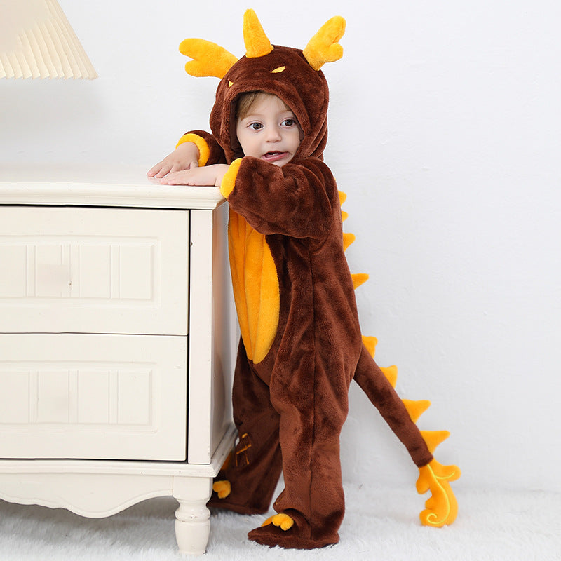 Qile Rabbit autumn new 0-3 year old baby flannel single-layer long-sleeved cartoon dragon shape hooded one-piece Romper